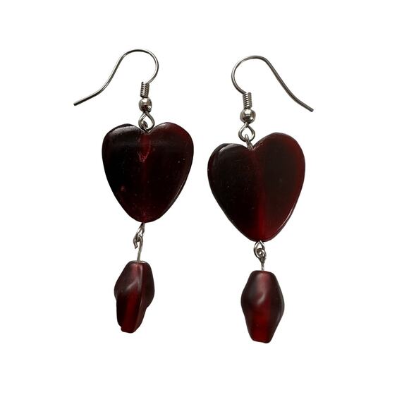 Two Pairs Red Glass Heart Earrings - Picture 4 of 6